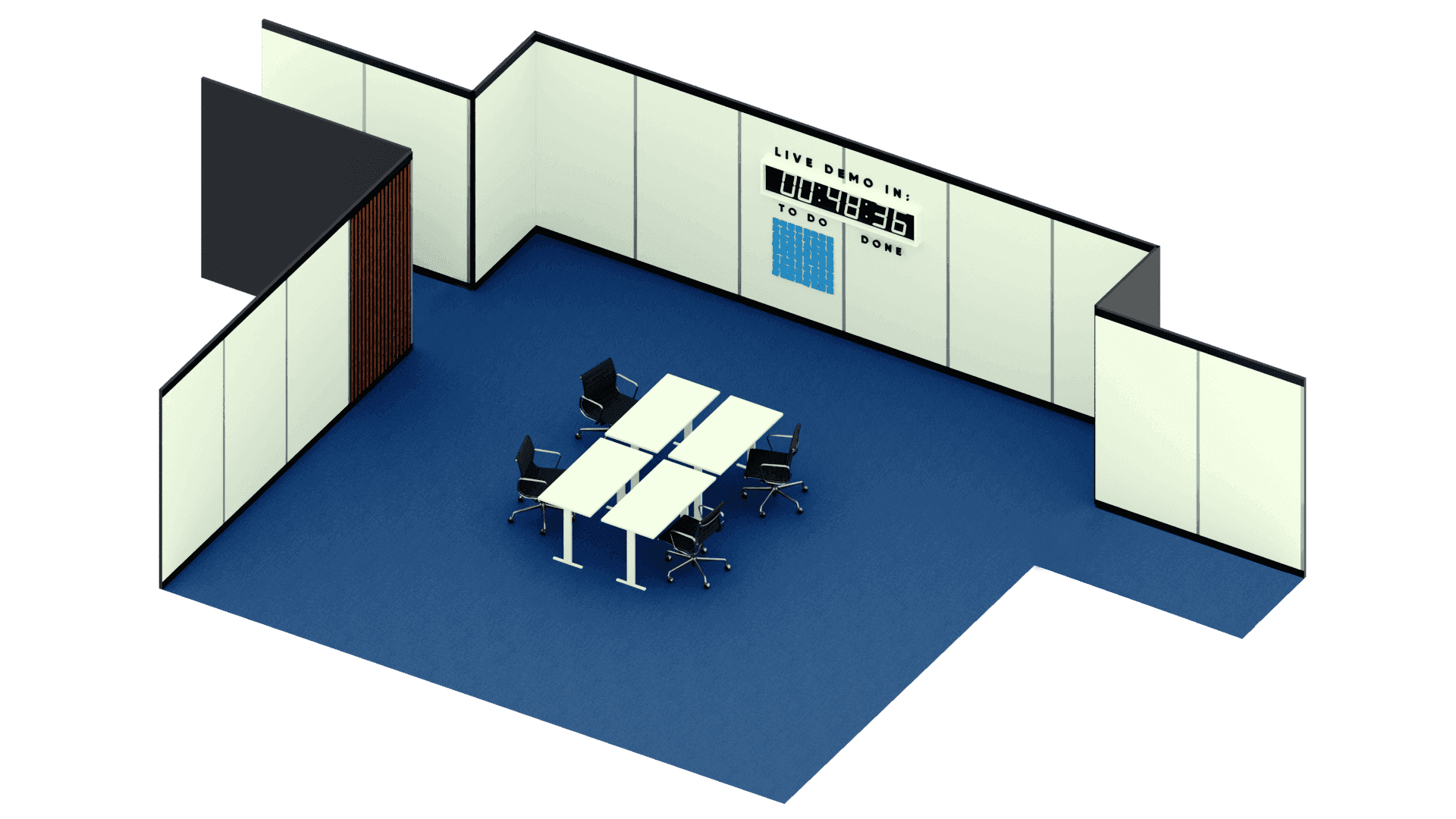 A 3D design render of a full office floor build, with desks and a countdown wall